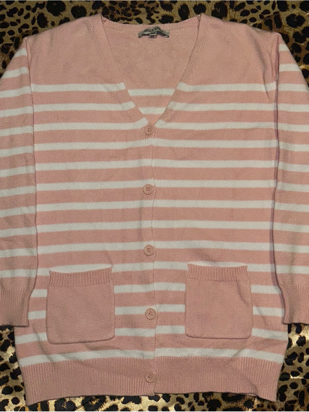 Grace Karin Pink & White Striped Button-Up Cardigan